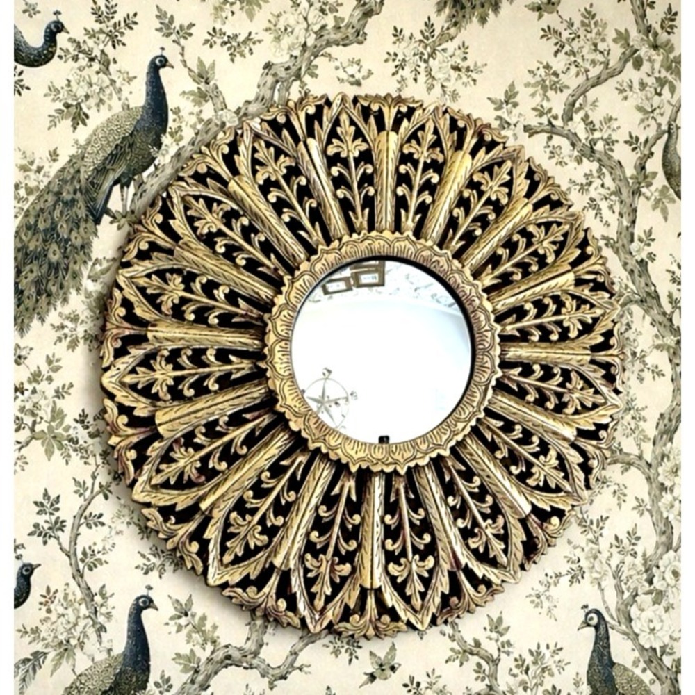 Vintage MCM MIrror Carved Wood Gold Sunburst Accent 22" Celestial Star Statement